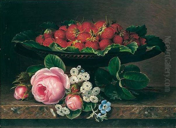 Still Life With Roses And Strawberries Oil Painting by Laurits Jensen