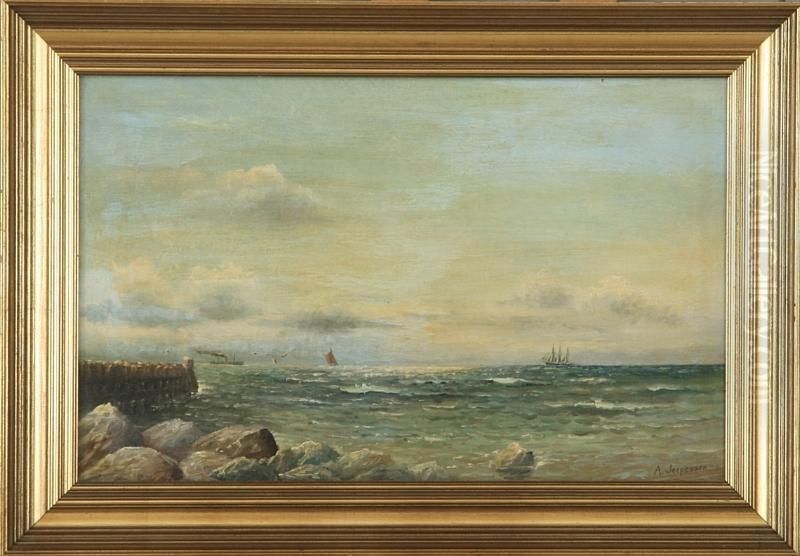 Coastal Scenery With Ships Oil Painting by Anne Marie Jespersen
