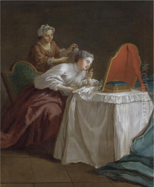 A Lady At Her Toilet With Her Maid Oil Painting by Etienne Jeurat