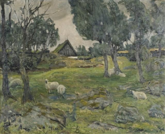 Sheep At Pasture With Barn In Background Oil Painting by Erik William Johnsen