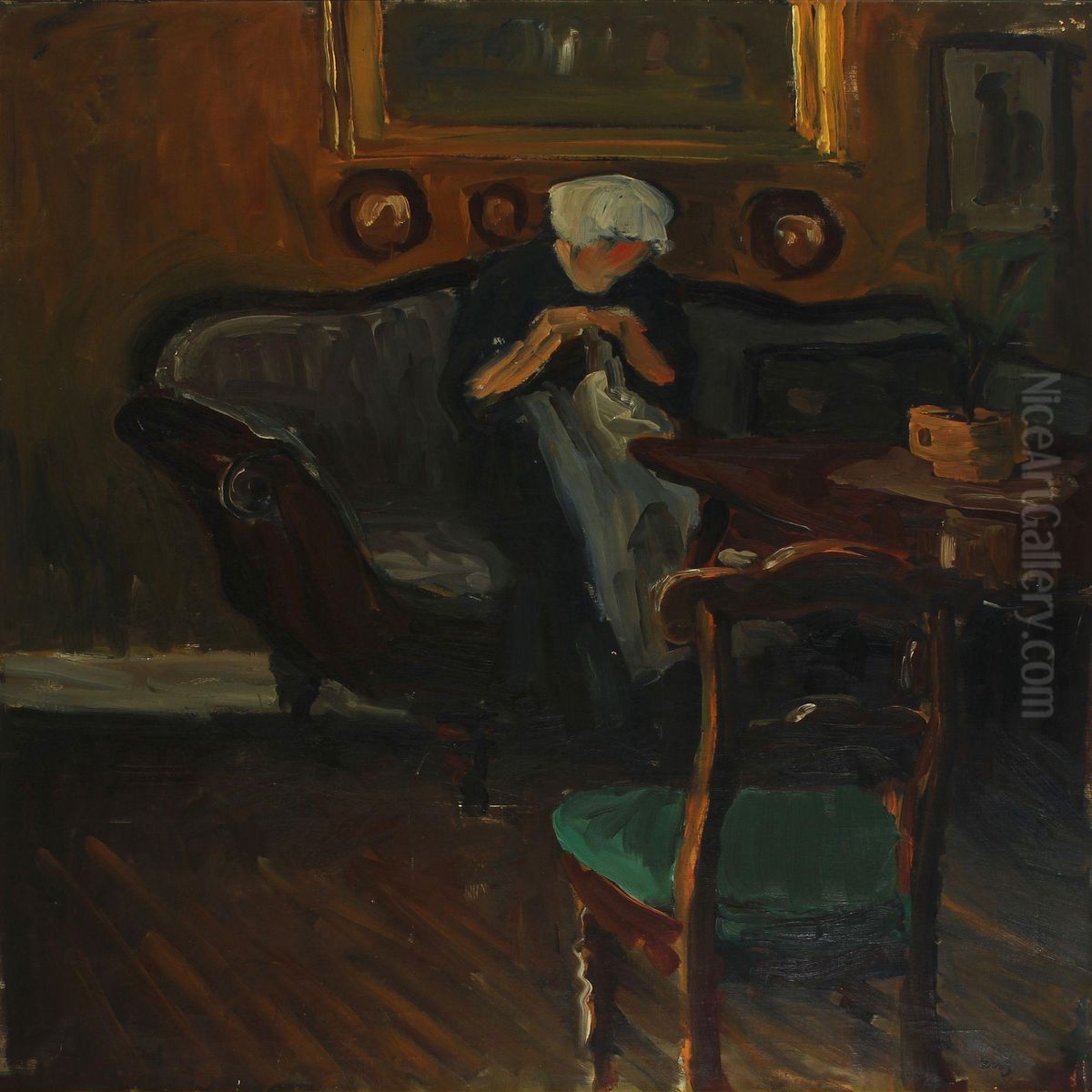 Interior Withsewing Woman Oil Painting by Erik William Johnson