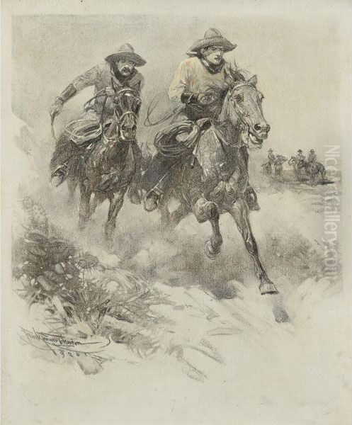 I Guess We Must Abin Three Feet Ahead With A Hundred Yards To Go.split Was Accusin' An Spurrin' An Whippin'. Oil Painting by Frank Johnson