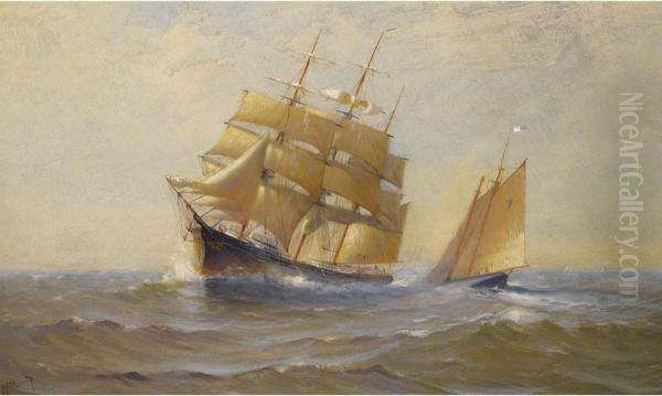 Clipper Ship And Sailboat Oil Painting by Johnson, Marshall