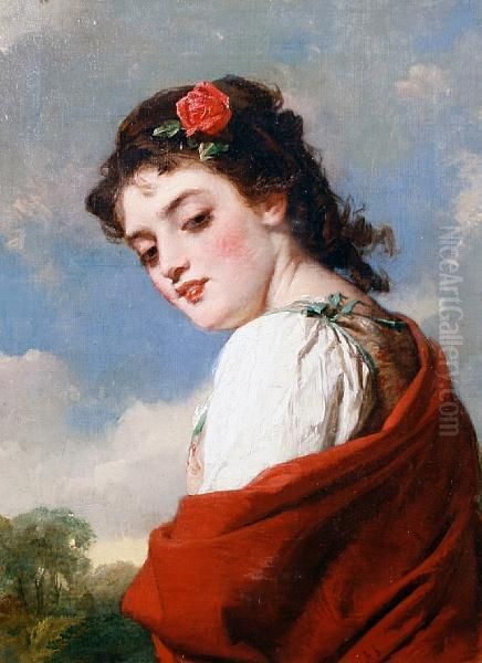 Portrait Of A Woman With A Red Shawl Oil Painting by Alexander Johnston