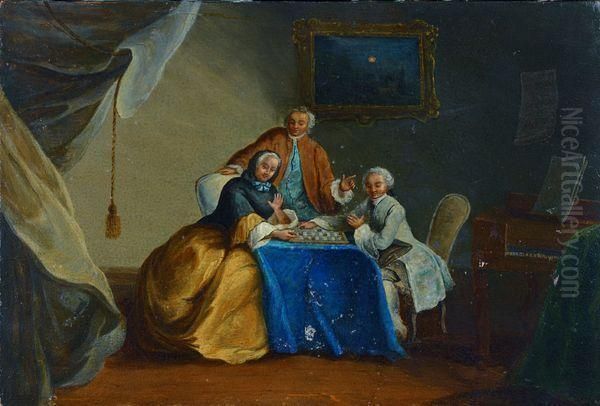 CoupleJouant Aux Dames Oil Painting by Nicolas Rene Jollain