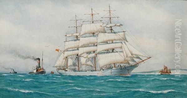 Sailing Vessel At Journey's End Together Withanother In Tow Oil Painting by Pelham Jones
