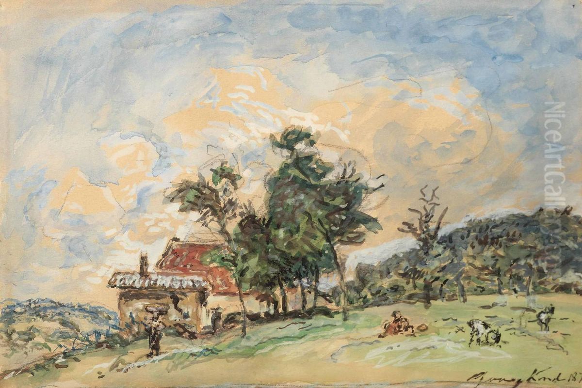 A Mountainous Landscape Oil Painting by Johan Barthold Jongkind