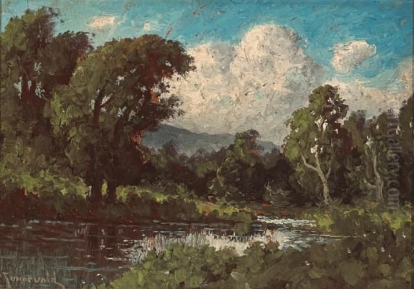 Placid Pond With Cumulus Clouds In Thedistance Oil Painting by Carl Henrik Jonnevold