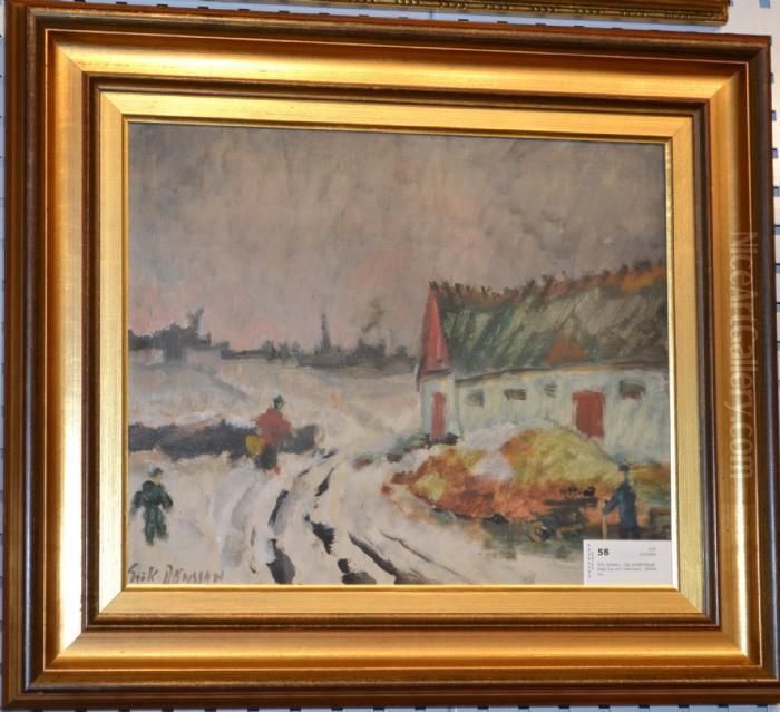 Snolandskap Med Hus Och Manniskor Oil Painting by Erik Jonsson