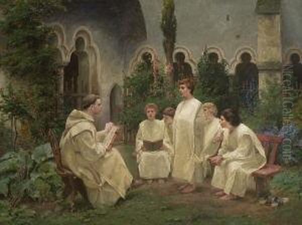 Unterricht Im Klostergarten. Oil Painting by Carl Jordan