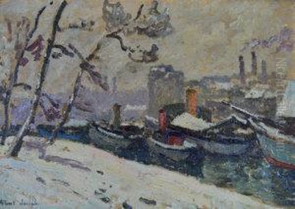Barges In Winter Oil Painting by Albert Joseph