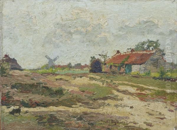 Rural View With A Windmill Beyond Oil Painting by Adrien Josef Heymans