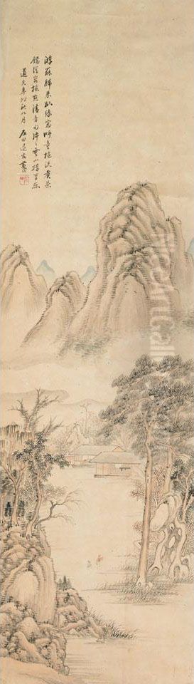 Figures In Landscape Oil Painting by Huang Jue