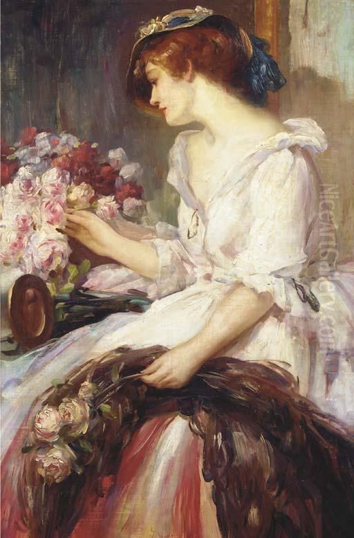 Arranging Pink Roses Oil Painting by Joseph Julien