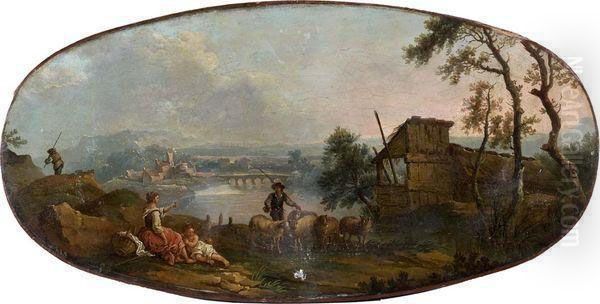 Jeune Femme, Son Enfant Et Bergers Au Bord D'une Riviere Oil Painting by Nicolas-Jacques Juliard