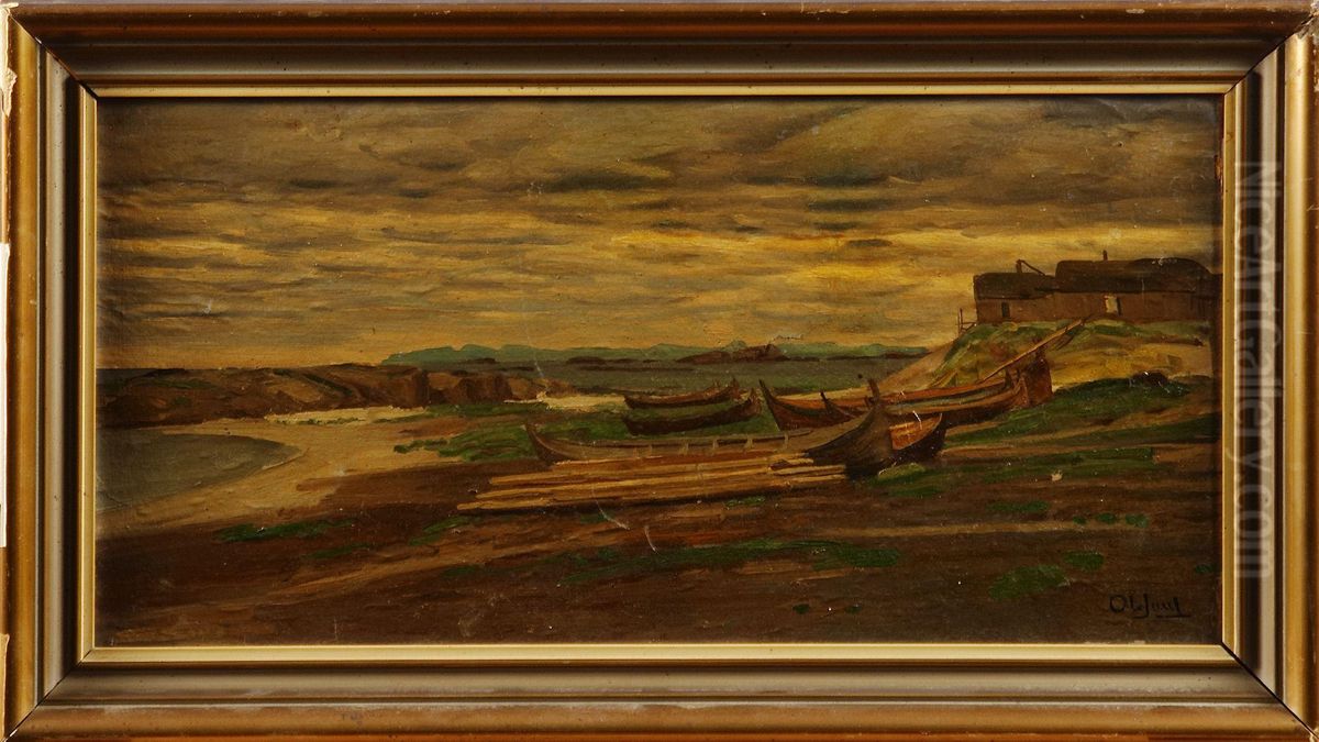 Kustvy Medfiskebatar Oil Painting by Ole Juul