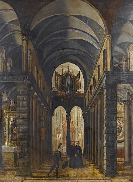 A Church Interior With An Elegant Gentleman Greeting Two Priests Oil Painting by Paul Juvenel