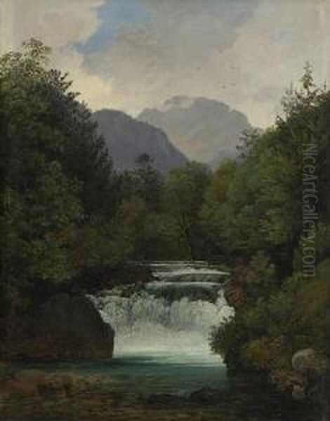 Gebirgstal Mit Wasserfall. Oil Painting by Ernst Kaiser