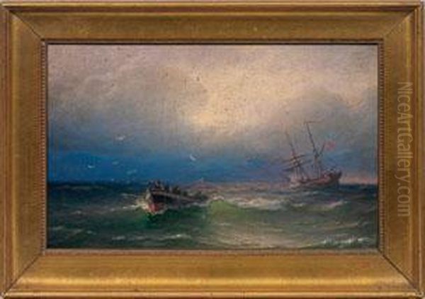 Zweimaster Und Ruderboot Auf Hoher See Oil Painting by Grigory Odissevich Kalmykov