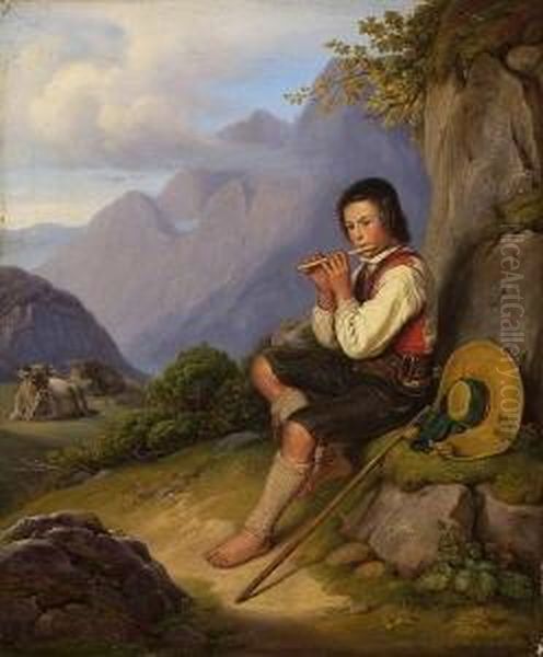 Flotespielender Hirtenknabe Oil Painting by Kaspar Kaltenmoser
