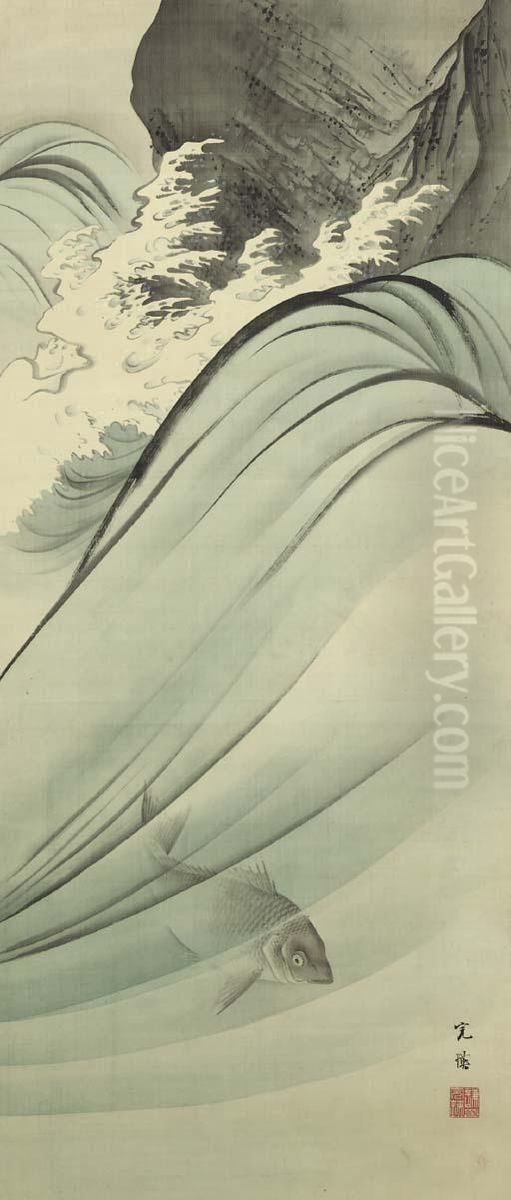 Carp Beneath Crashing Waves Oil Painting by Nishiyama Kan'Ei