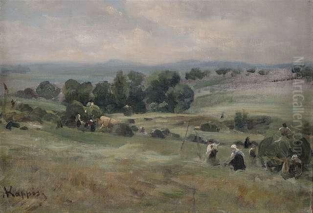 Hay Harvest In An Extensive Landscape Oil Painting by Albert Kappis
