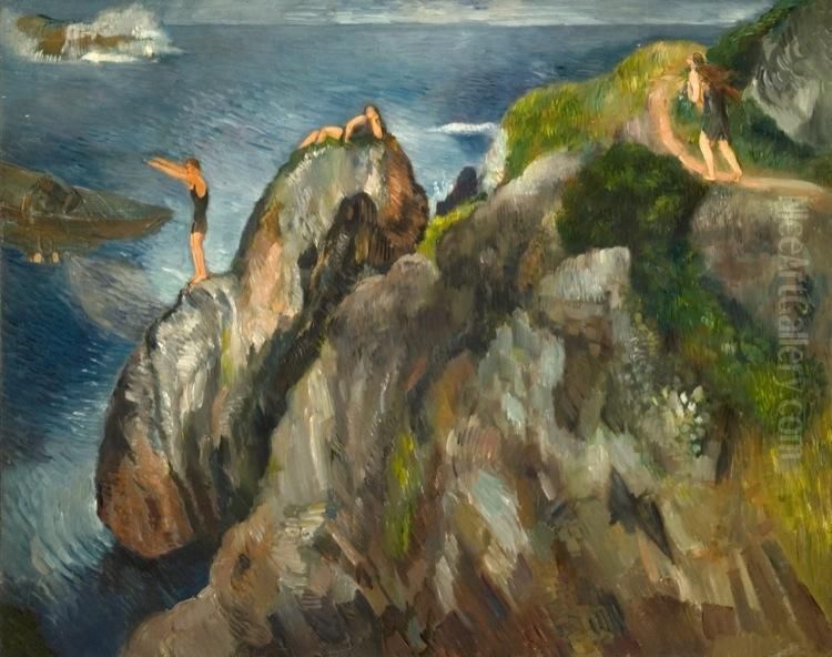 Divers, Perkins Cove, Ogunquit Oil Painting by Bernard Karfiol