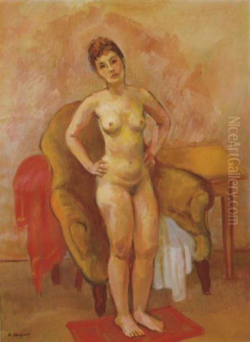 A Standing Nude Posing In Front Of A Chair Oil Painting by Bernard Karfiol