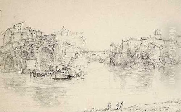 Felsige Landschaft /stadt Am Fluss Mit Bruckenruine Oil Painting by Karl Graf Von Spreti