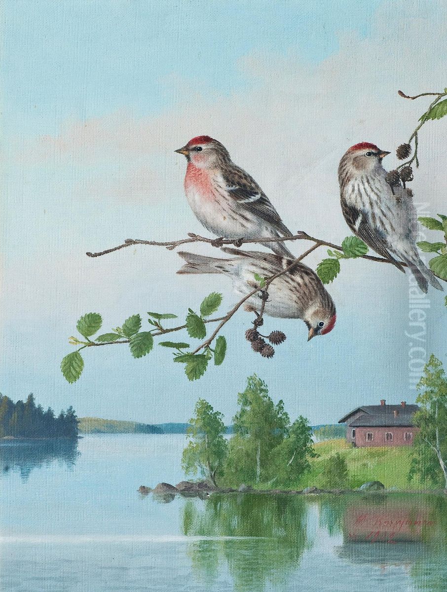 Small Birds On A Branch Oil Painting by Matti Karppanen