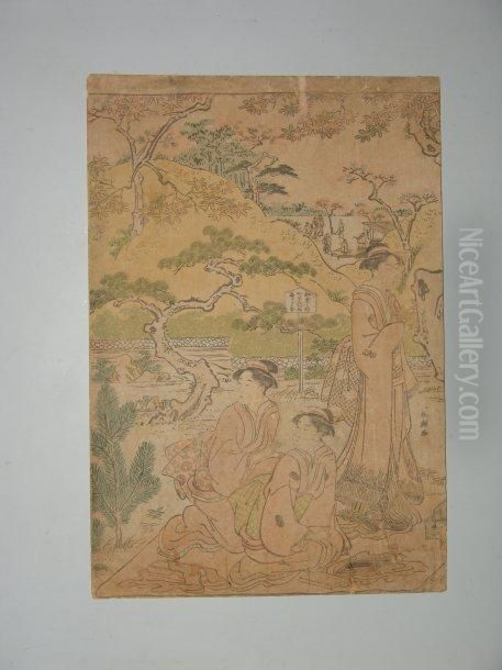 Trois Jeunes Femmes Dans Un Parc Oil Painting by Katsukawa Shuncho