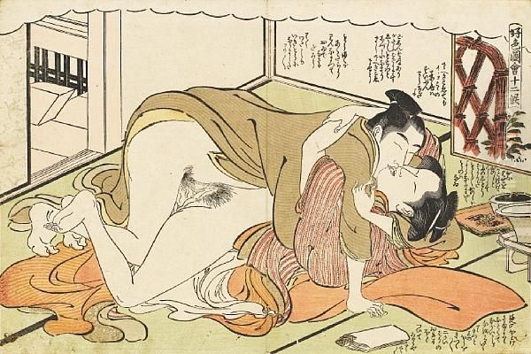 A Couple Making Love In The Interior Of A Teahouse Oil Painting by Katsukawa Shuncho