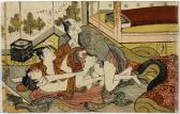 Taking For Another, Shunga Oil Painting by Katsukawa Shuncho