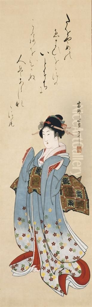 Standing Beauty Oil Painting by Hokumei Katsushika