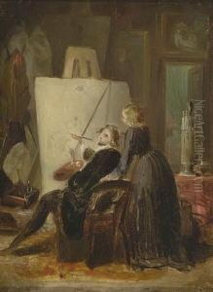 Der Kunstler Mit Seiner Frau Vor Staffelei. Oil Painting by Friedrich Kaulbach