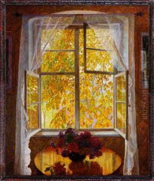 Blick Uber Einen Kleinen Runden Tisch Mit Einem Blumenstraus Durch Das Geoffnete Fenster Auf Einen Baum Oil Painting by Paul Kauzmann