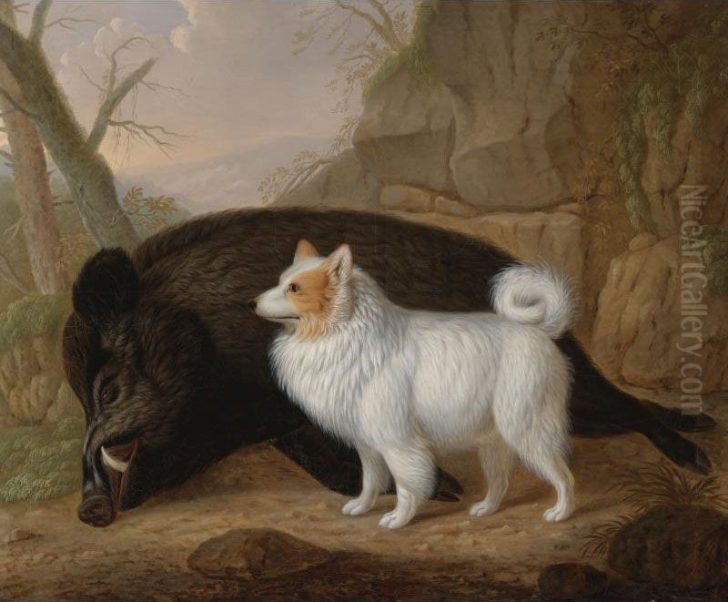 A Giant German Spitz With A Wild Boar Oil Painting by Christian Wilhelm K. Kehrer