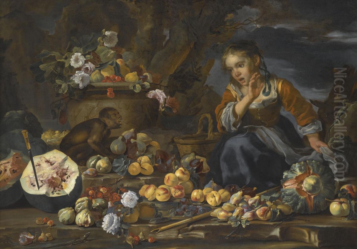 Still Life Of Watermelons, Apples, Figs, Pomegranates, Flowers And Peaches, With A Young Girl Startled By A Monkey Oil Painting by Bernhard Keil, Monsu Bernardo