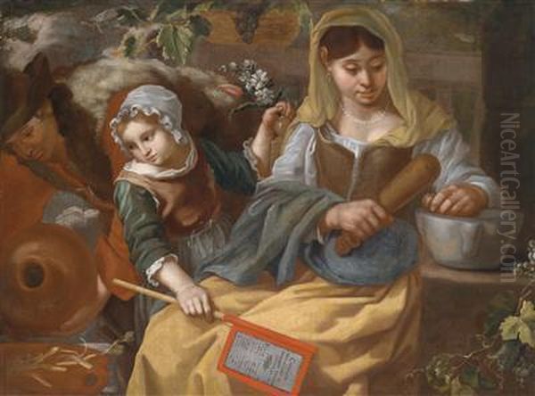 A Young Family From The Savoy With A Girl Holding The Canzone Delle Lodi Di Madonna Tenerina Oil Painting by Bernhard Keil, Monsu Bernardo