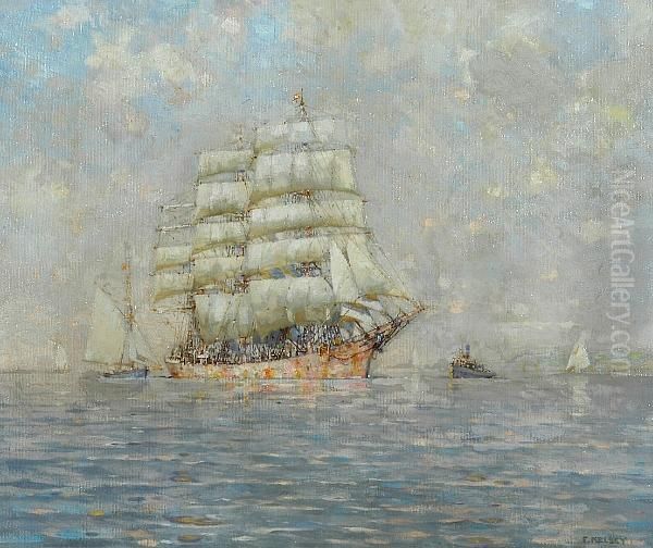 A Fully Rigged Ship And Other Vessels Off A Coastline Oil Painting by Frank Kelsey