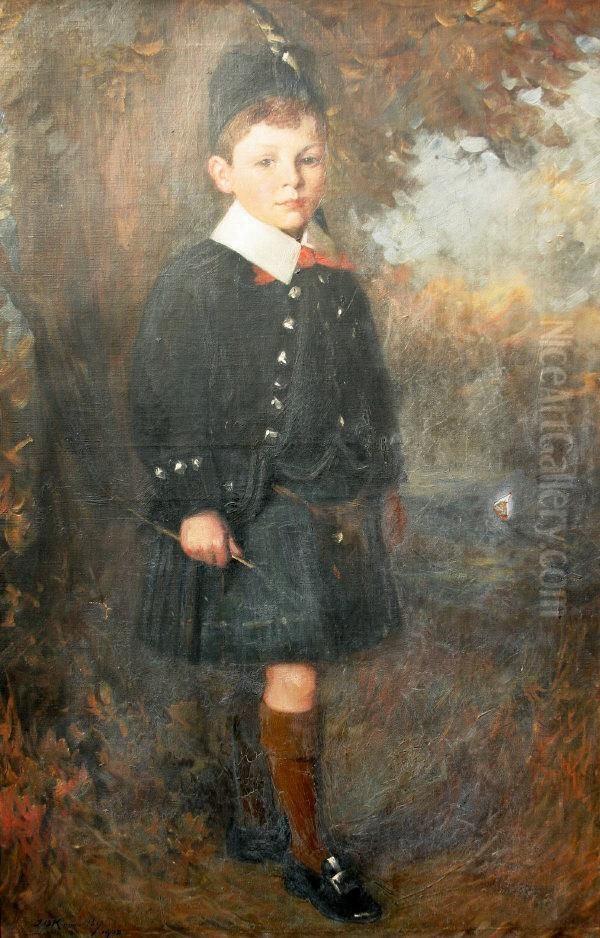 A Young Boy Standing In Traditional Scottish Attire Oil Painting by James Dalzell Kenworthy