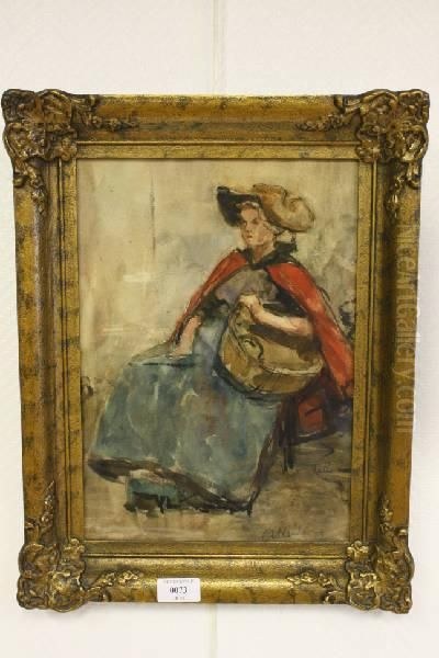 Vrouw Met Rode Cape En Mand Oil Painting by Anna Elisabeth Kerling
