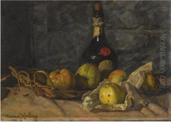 A Still Life With A Bottle And Fruit In A Basket Oil Painting by Anna Elisabeth Kerling