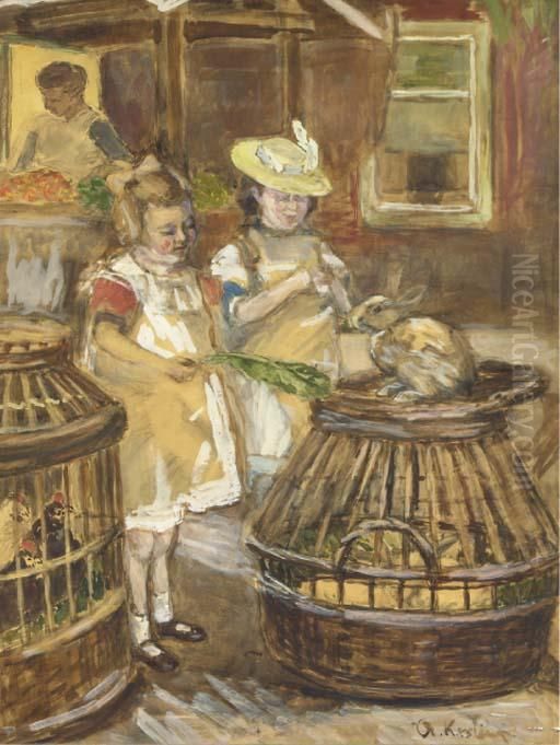 Feeding The Rabbits Oil Painting by Anna Elisabeth Kerling