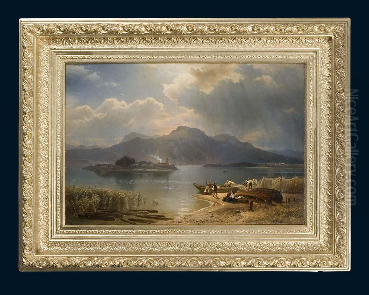 Fischer Vor Der Fraueninsel Am Chiemsee Oil Painting by August Kessler