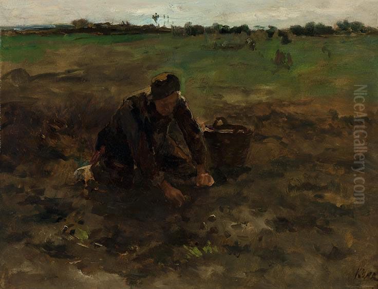 Grubbing Potatoes Oil Painting by Jacob Simon Hendrik Kever