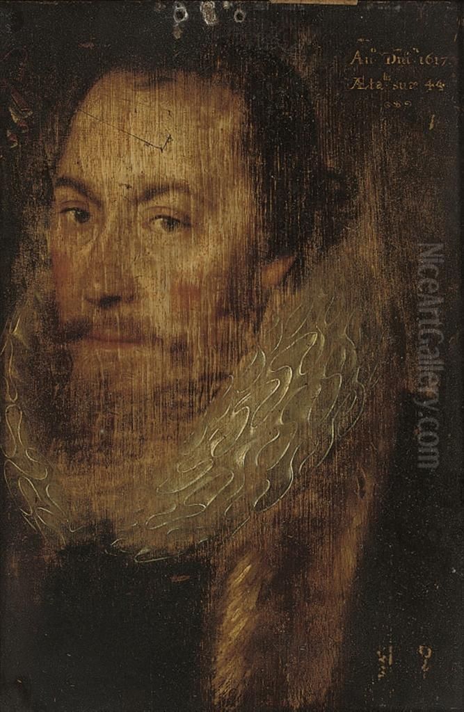 Portrait Of A Gentleman, Bust-length, In A White Ruff And Fur Coat Oil Painting by Adriaen Thomasz. Key