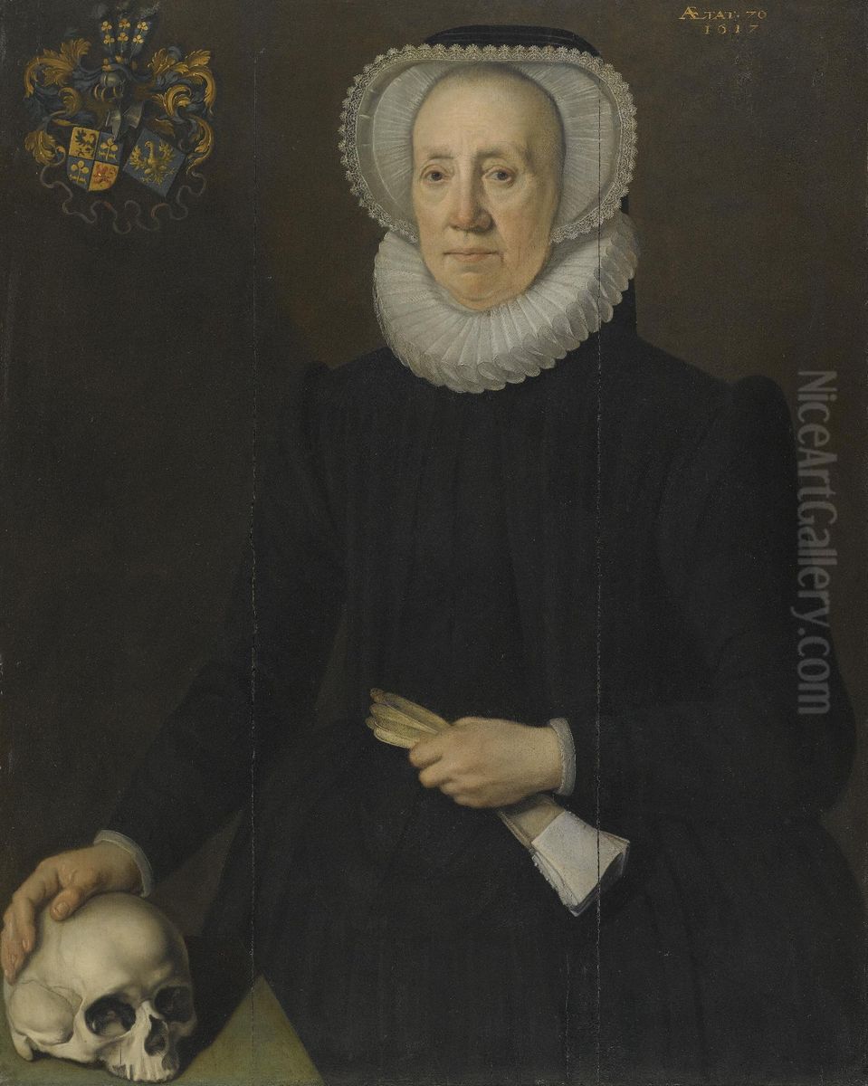 Portrait Of An Elderly Lady Of The Van Heemstra Family Of Friesland, Holding A Pair Of Gloves And With Her Right Hand Resting On A Skull Oil Painting by Willem Adriaensz Key