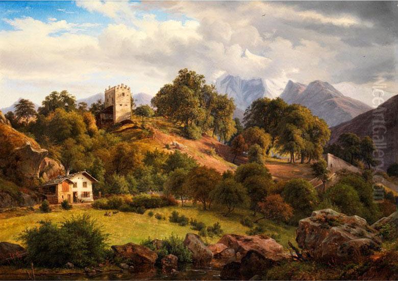 Sudalpine Landschaft Mit Zinnenbekrontem Rittergutturm UndDarunter Stehendem Bauerngehoft Mit SteinbelegtemSchindeldach Oil Painting by Frederik Kiaerskou