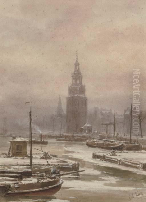 The Montelbaanstoren In Winter, Amsterdam Oil Painting by George Laurens Kiers
